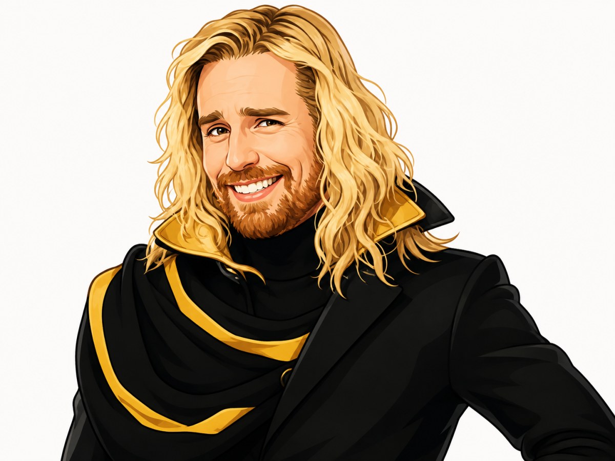 Illustrated portrait of a smiling, long blond-haired figure in a black coat with gold trim.